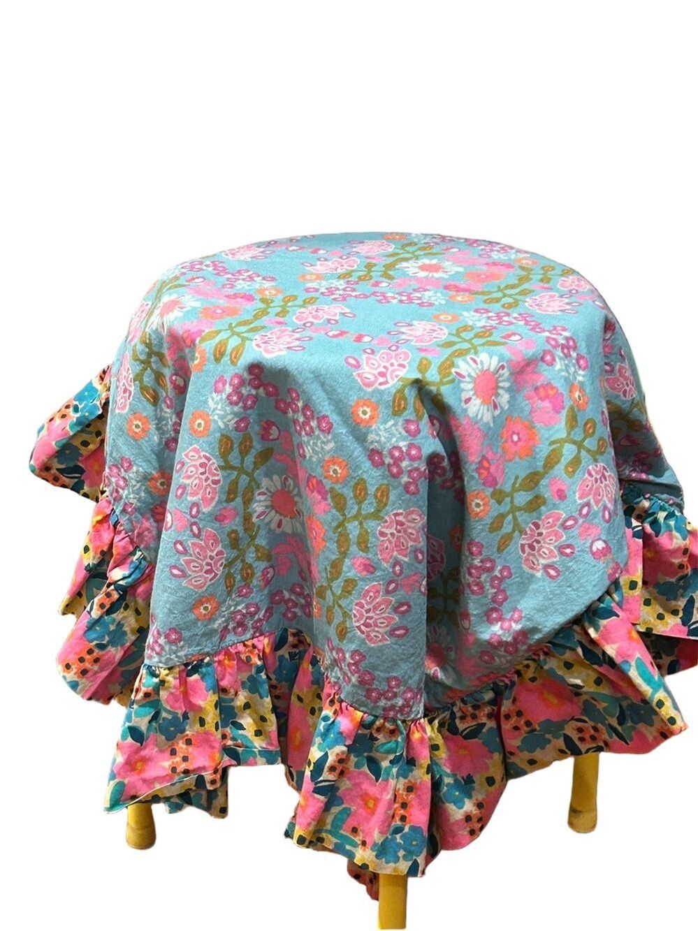 Bohemian Mini Table + 2 Side Mini Floral Teal Aqua Ruffled Table Throw Set of 2